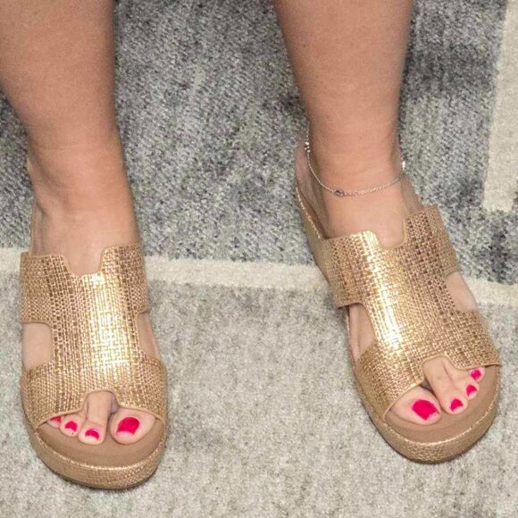 Corkys Shimmering Gold Wedge Sandals - Picture 2 of 3